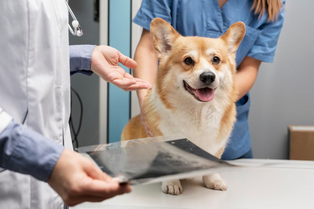 vet examining dogs x-ray